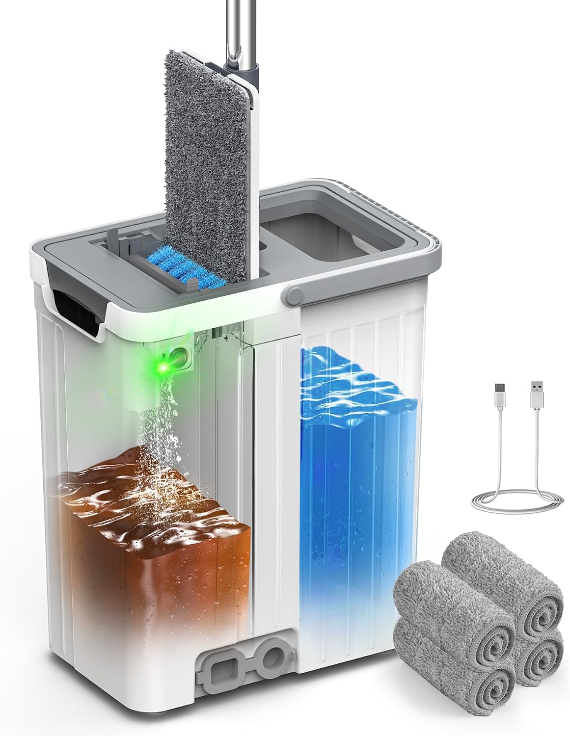 Veshiny Mop and Bucket Set, Flat Mop and Bucket System for Floor Cleaning | 2000mAh Auto Pump Saturates Mop Evenly, 12L Tanks, Wheels for Gliding, 60" Handle, 4 Washable Pads for Tile & Hardwood Veshiny Mop and Bucket Set, Flat Mop and Bucket System for Floor Cleaning - Image 1